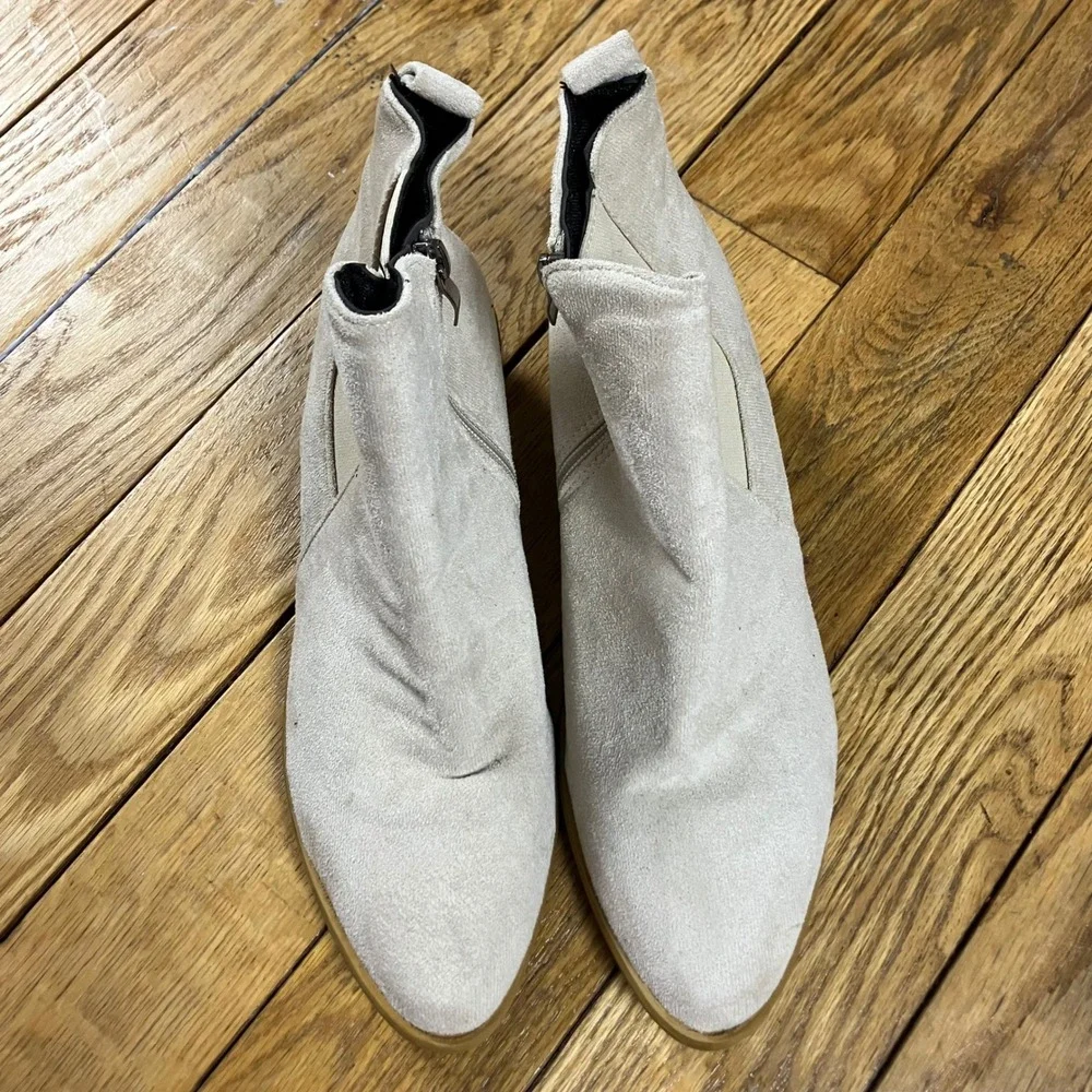 Beige Suede Ankle Boots‎ Side Zip Elastic Chelsea Block Heel Size 42